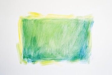Abstract rectangular shape, painted with shades of green, yellow, and blue