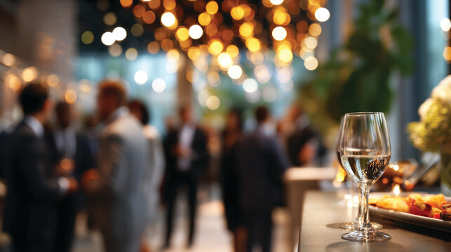 Blurred shot of business people at party or corporate event in office center 