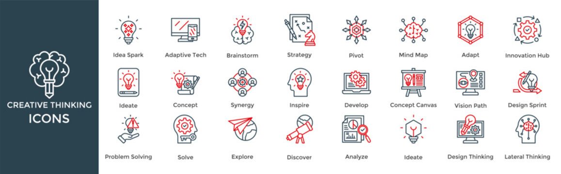 Creative Thinking icon set. Containing Idea Spark, Adaptive Tech, Brainstorm, Strategy, Pivot