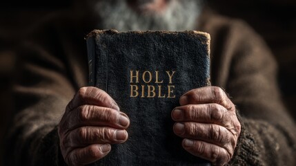Worn hands holding an old Holy Bible in tattered clothing, symbolizing faith and hope.