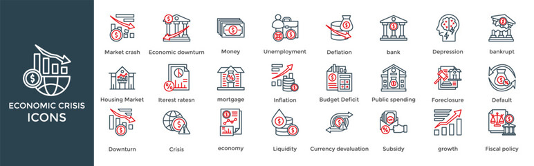 ECONOMIC CRISIS icon set. Containing Market crash, Economic downturn, Money, Unemployment, Deflation