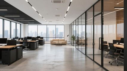 Modern spacious office hall with black and wood workspaces, stylish waiting area, and sleek design elements. Perfect for corporate office interior and business environment concepts.

