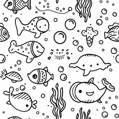 Naklejka premium seamless minimal doodle pattern of abstract sea creatures and coral shapes, soft beige and aqua color palette