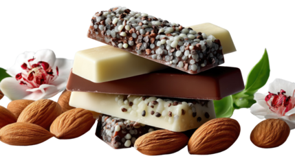 Delicious Energy Bars: A stack of assorted energy bars, each offering a unique blend of flavors and textures, is presented alongside a handful of almonds.