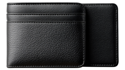 Sleek Leather Wallet: A detailed studio shot captures the elegance of a sophisticated, black leather wallet, perfect for business and lifestyle themes. 