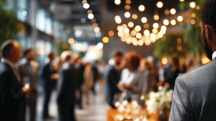 Blurred shot of business people at party or corporate event in office center 
