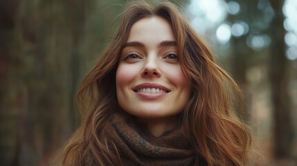Obraz premium Smiling woman outdoors in a forest setting.