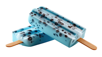Refreshing Coolness: Close-up shot of two vibrantly colored frozen popsicles, their textured surfaces promising a burst of flavor, perfect for a hot day.