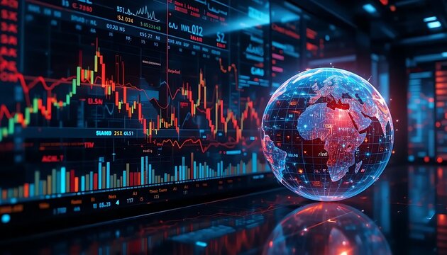 Global stock market and data visualization with graphs and digital globe displays trading trends