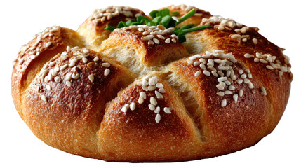 Artisan Bread Roll: A meticulously crafted bread roll, adorned with sesame seeds and fresh herbs, embodying culinary excellence and appetizing freshness.