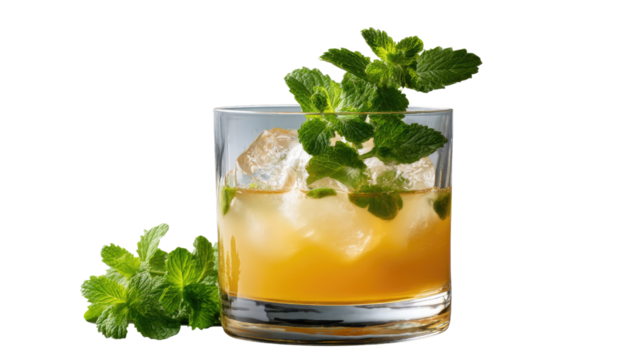 Refreshing Mint Julep Cocktail: A vibrant image of a refreshing mint julep cocktail, garnished with a sprig of fresh mint, served in a rocks glass filled with ice.