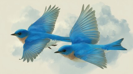 Obraz premium Two vibrant bluebirds in flight against a soft, cloudy sky