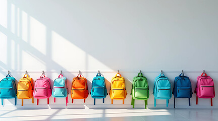Colorful School Backpacks Hanging in a Row Along Bright Classroom Wall.
