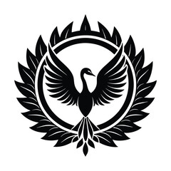 Elegant black and white vector illustration of a majestic swan with open wings surrounded by laurel wreath emblem © SandhaRani