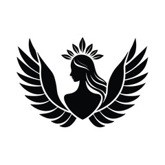 Elegant black and white silhouette of a woman with wings depicting grace strength and freedom for creative designs
