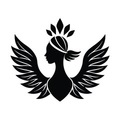 Elegant black silhouette of a woman with wings and a decorative headpiece representing grace and freedom