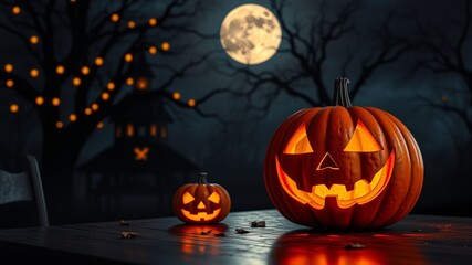 Fototapeta premium A spooky Halloween scene features two illuminated jack-o'-lanterns on a wooden table with a haunted house and full moon in the background.