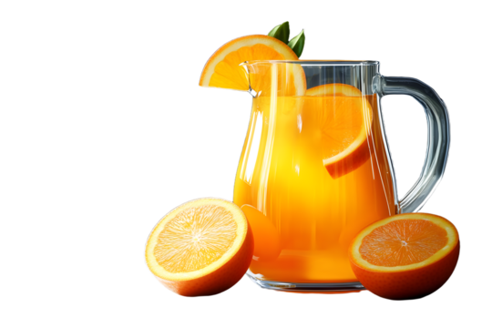 Glass jug with orange juice and fruit. Space for text.