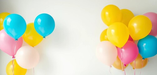 Yellow, pink, and blue balloons arranged for a birthday celebration, helium, studio