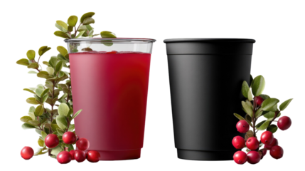 Juicy Delight: A refreshing splash of a fruity red drink and a contrasting blank cup, alongside sprigs of berries and vibrant leaves.