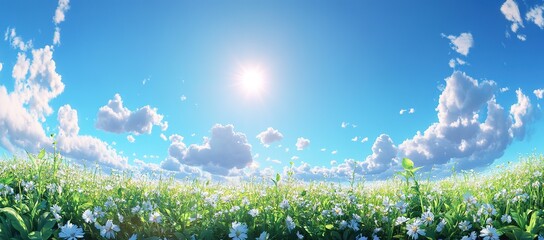Fototapeta premium Bright Sunny Meadow With White Flowers And Clouds