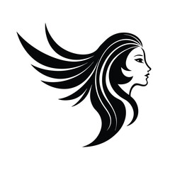 Elegant silhouette of a woman's profile with flowing hair in black and white design