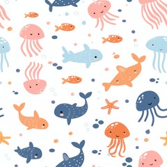 Fototapeta premium seamless minimal doodle pattern of abstract sea creatures and coral shapes, soft beige and aqua color palette