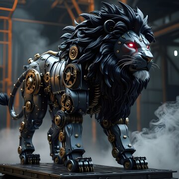 Futuristic Mechanical Lion with Gears and Glowing Eyes &ndash; Robotic Steampunk Jungle King