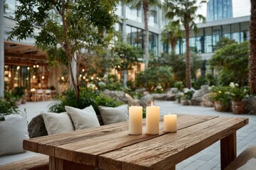 Fototapeta premium Soft candlelight illuminates wooden table in lush courtyard setting during evening hours