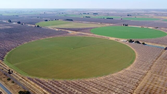 Aerial view of circular agricultural fields with irrigation systems in a rural landscape setting south africa