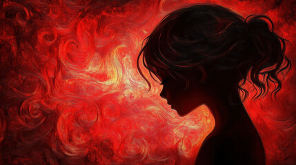 a sad strong emotional anime girl banner artwork, red color inspired