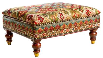 Ornate Floral Ottoman with Wooden Legs and Colorful Upholstery Detailing