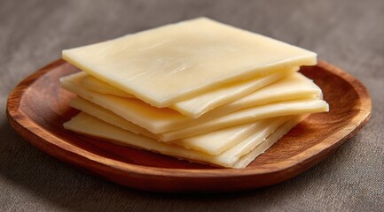 Stacked cheese slices on a wooden plate