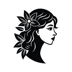 Elegant black and white silhouette of a woman with flowers in her hair representing beauty and grace