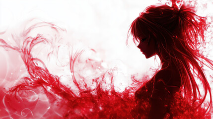 impressive strong red color inspired anime girl head banner, long hair