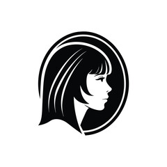 Elegant black and white silhouette of a woman with stylish bob haircut in a circular frame design