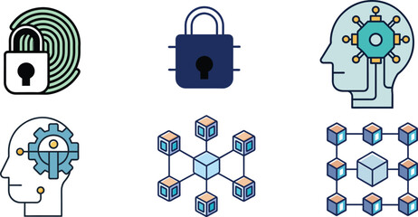Cybersecurity and Technology Icon Set – Minimalist Symbols for AI, Encryption, Blockchain, and Biometric Security


