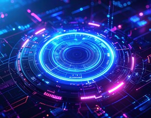 Obraz premium A vibrant, futuristic digital interface featuring glowing circular patterns and intricate circuits in blue and pink hues