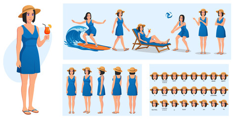 Woman Wearing Summer Dress Character Creator and action Poses Pack, Surfing, Walking, Volleyball, Pointing, Cocktail, relaxing, with lip sync, side, front and back view Vector Illustrations