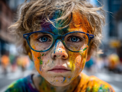 joyful child with face paint at summer festival