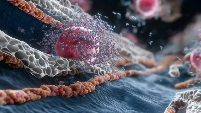 Molecular level detail, blood cells breaking down a barrier, attacking tissue, rendered detail showing structure, biological process, disease