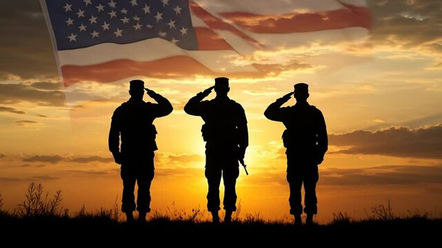 Honoring Service: Silhouette of Soldiers Saluting the American Flag at Sunset - A Memorial or Veteran's Day Remembrance Image