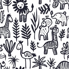 Fototapeta premium seamless minimal pattern of simple line art African animals, giraffe, lion, zebra, elephant, clean monochrome design