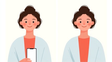 Obraz premium Cheerful Young Woman Holding Smartphone in Digital Illustration with Friendly Expression and Soft Background
