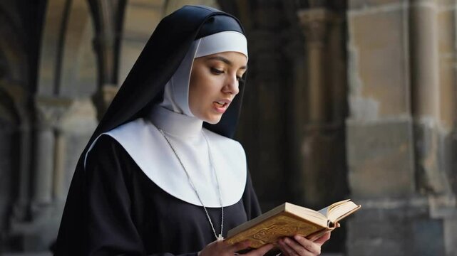 Nun Reading Holy Book: A young nun, dressed in a traditional black habit and white veil, devoutly reads a holy book within the serene ambiance of a historic church.