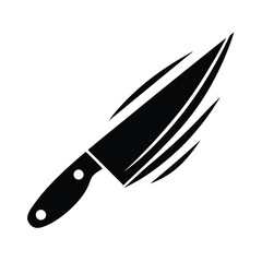 Black and white illustration of a sharp kitchen knife with motion lines isolated on a white background.