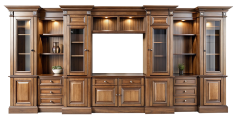 Elegant Wooden Entertainment Center with Glass Cabinets and Builtin Lighting Features