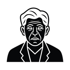 A stylized black and white vector illustration featuring the face of an older man with a sophisticated design.