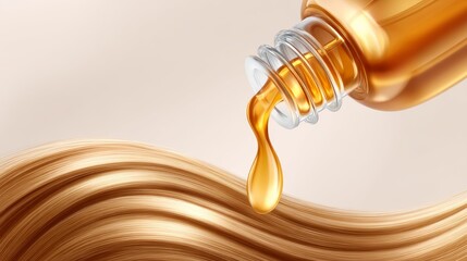 Golden Hair Serum Bottle Pouring Liquid onto Flowing Strands of Hair Against a Light Background
