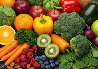 Assortment of fresh produce representing wellness and nutritional diet, featuring colorful fruits and vegetables